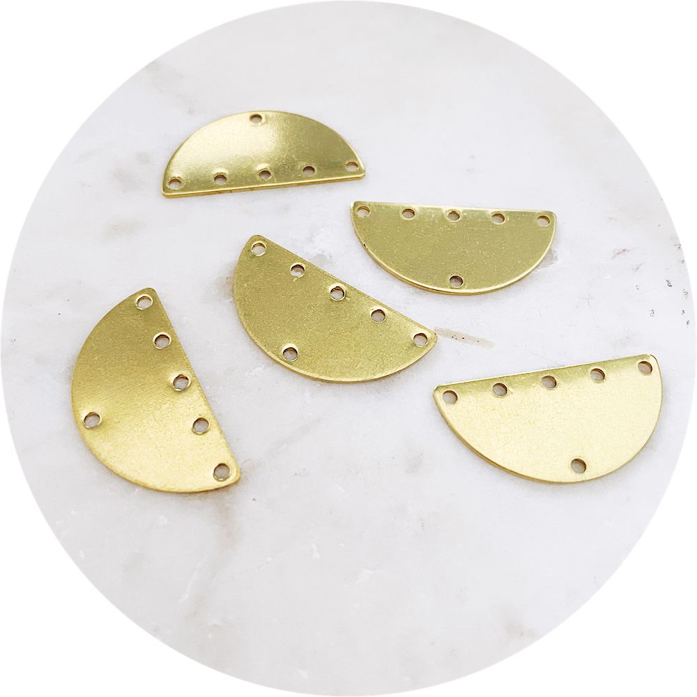 32mm x 16mm Half Circle Connector 6 Holes - Raw Brass - 2 pcs - A0848