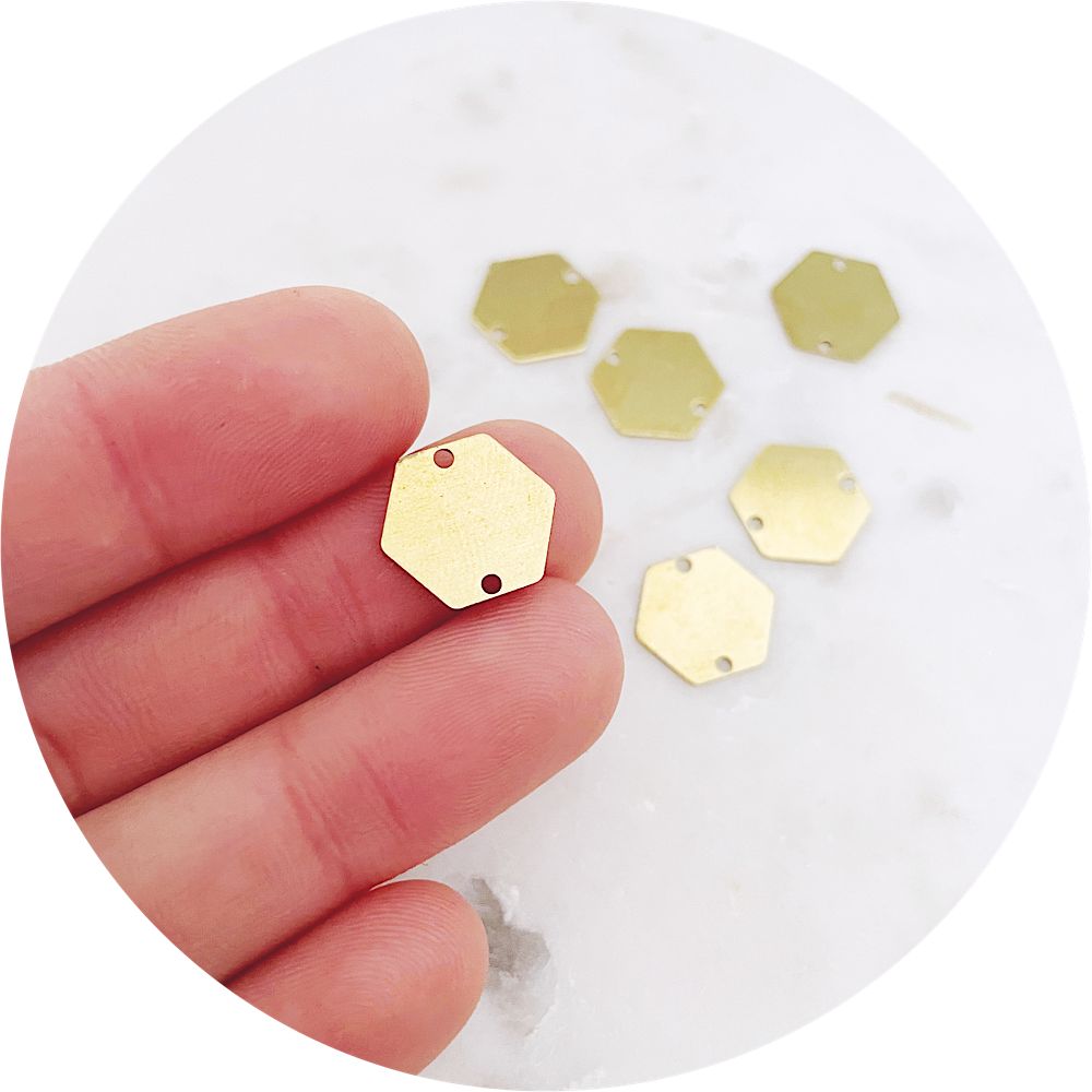 12mm Hexagon Connector 2 Holes - Raw Brass - 2 pcs - A0794