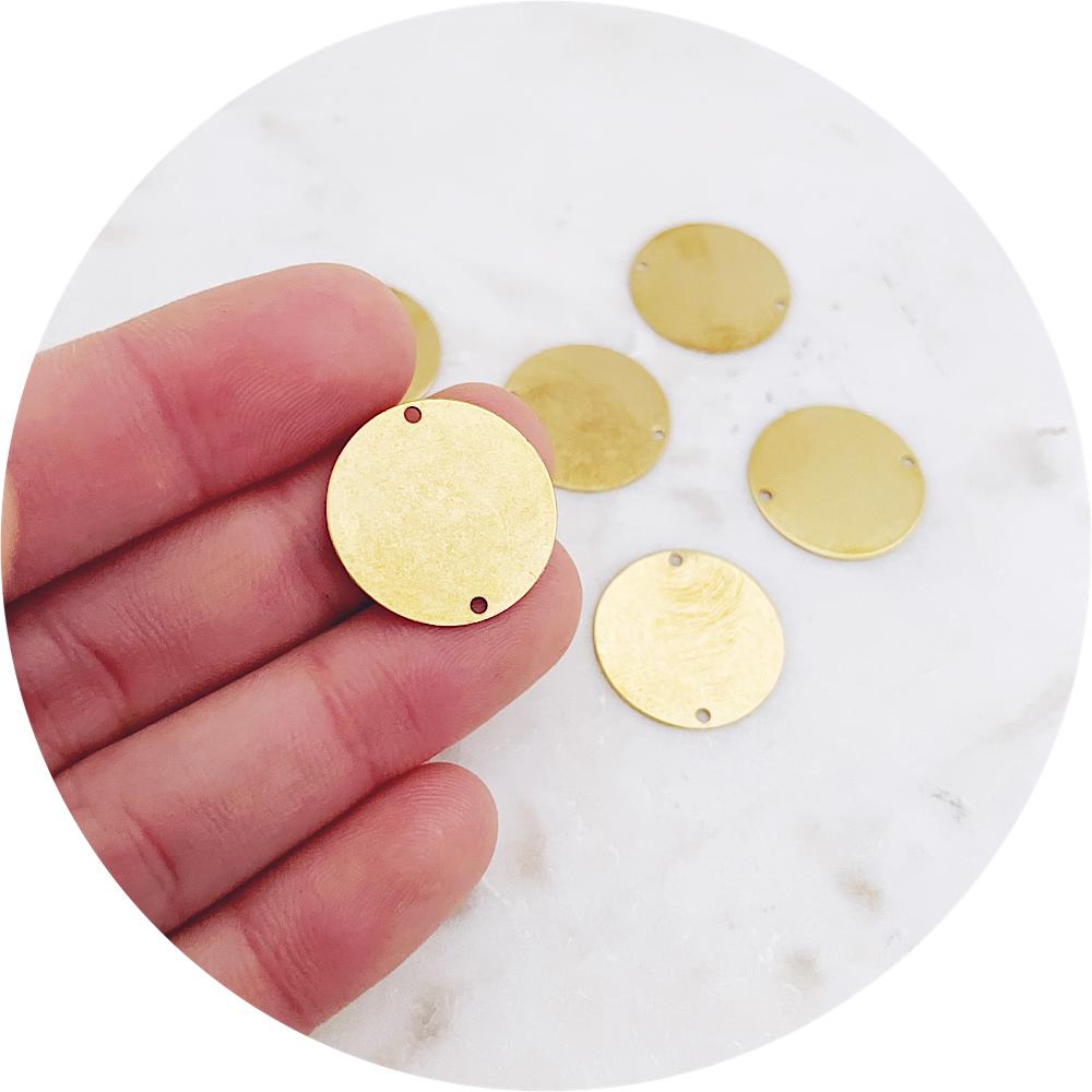 20mm Circle Connector 2 Holes - Raw Brass - 2 pcs - A0257