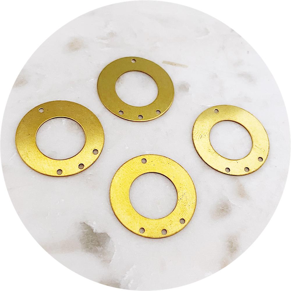 25mm Open Thick Circle Connector - 4 holes - Raw Brass - 2 pcs - A0278