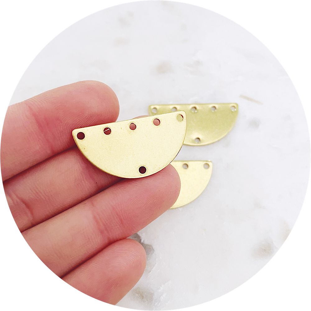 32mm x 16mm Half Circle Connector 6 Holes - Raw Brass - 2 pcs - A0848