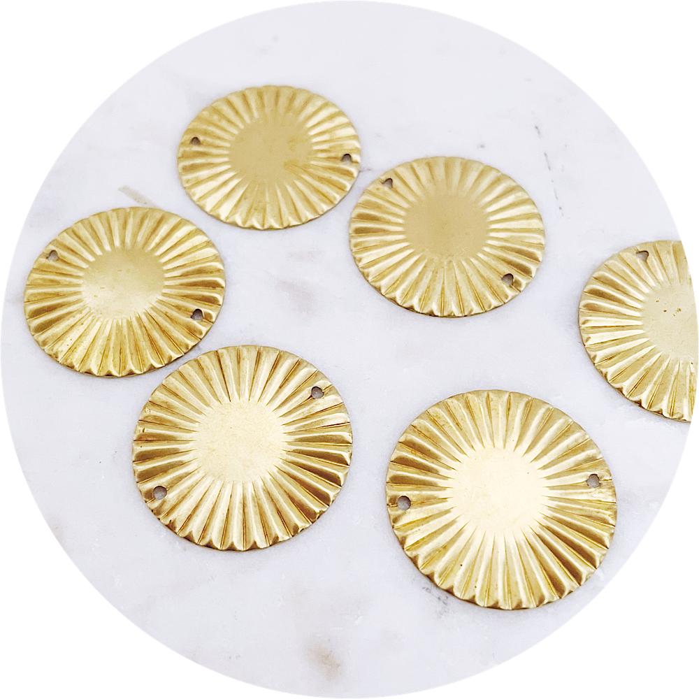25mm Textured Sunflower Circle Connector 2 Holes - Raw Brass - 2 pcs - A0103 BS