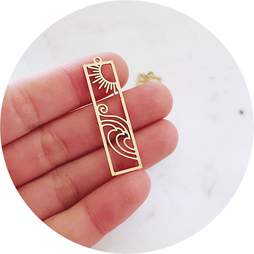 40mm Sun & Waves Rectangle Charm - Raw Brass - 2 pcs -SUN WAVES