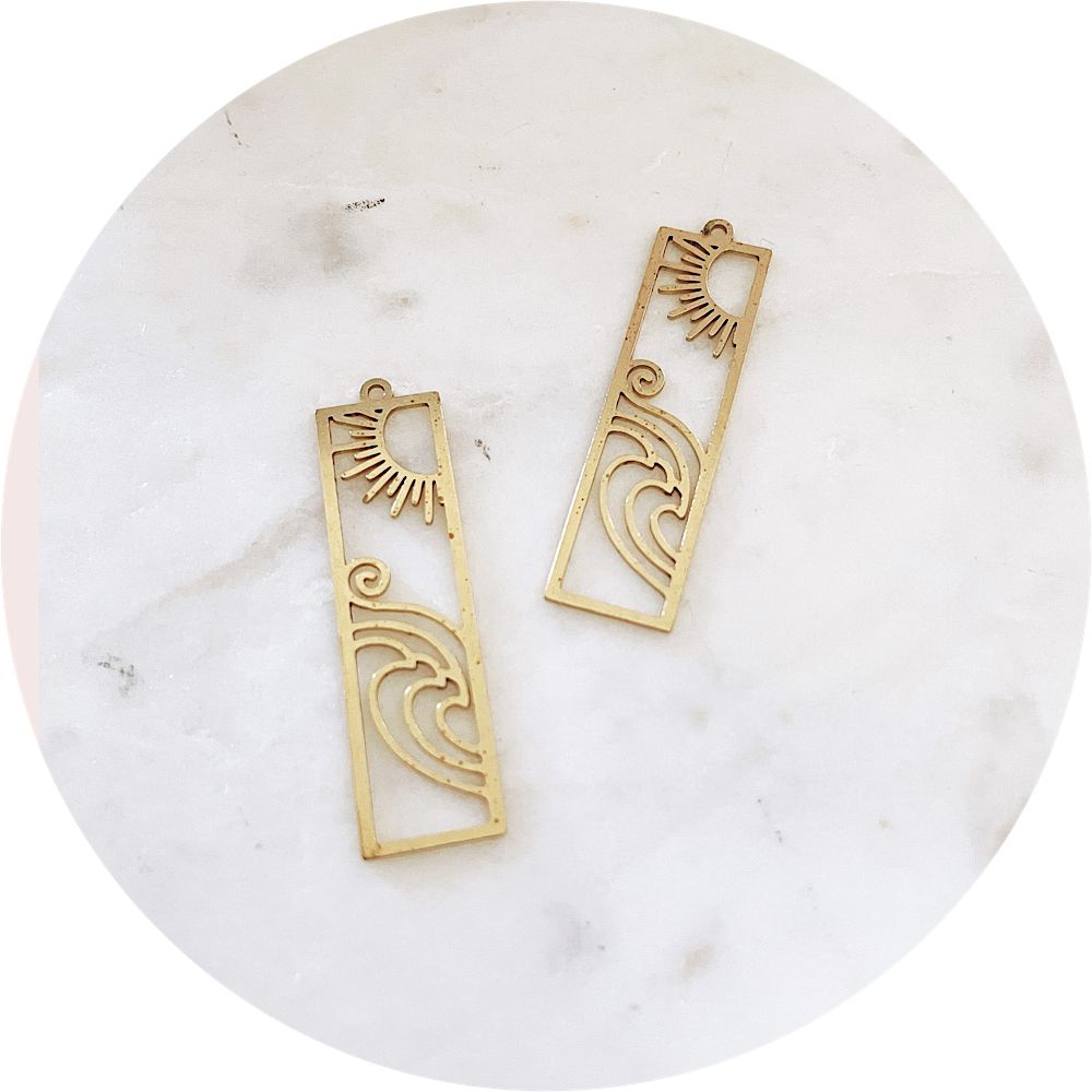 40mm Sun & Waves Rectangle Charm - Raw Brass - 2 pcs -SUN WAVES
