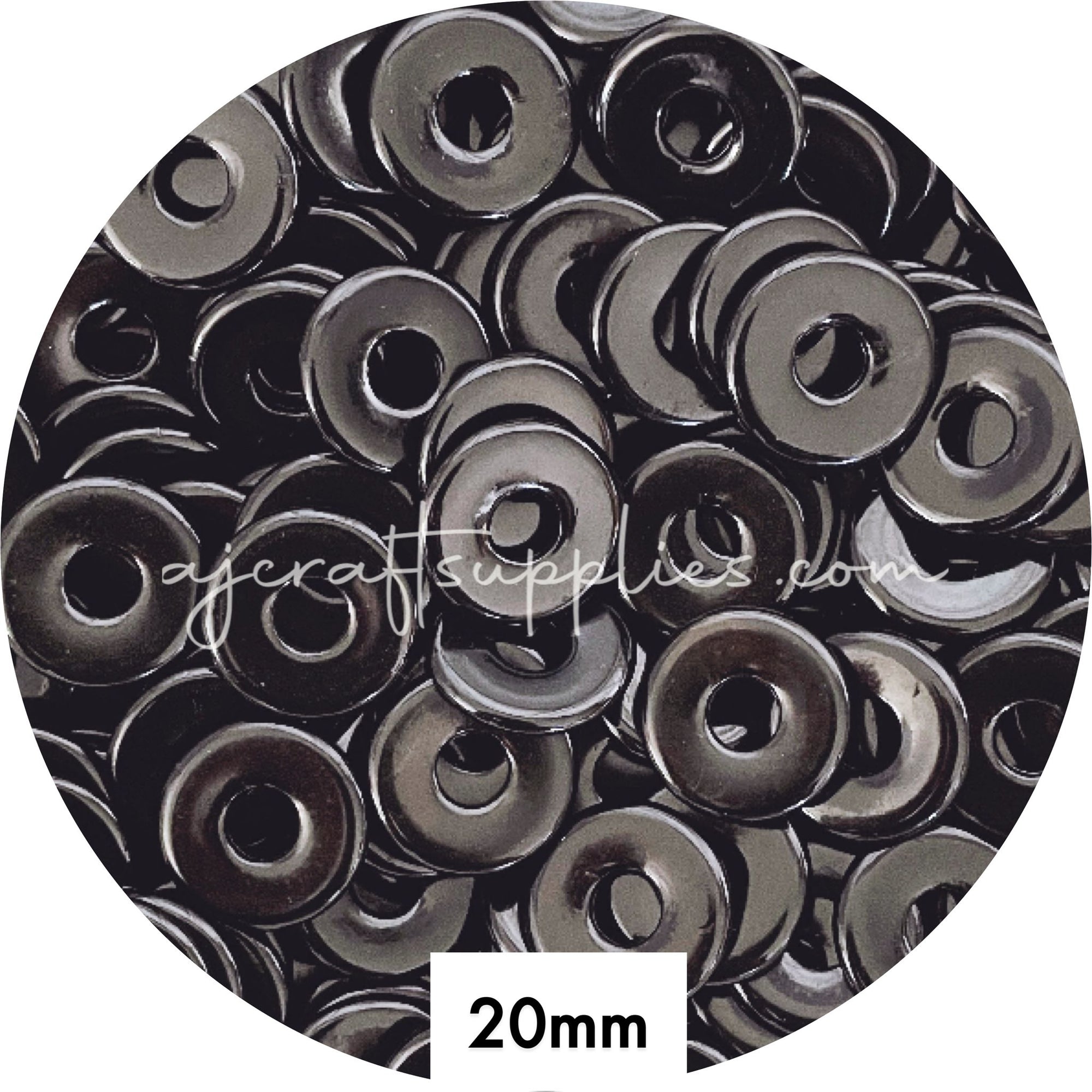 20mm Flat Coin Acrylic Spacer Beads (with Large Hole) - Shiny Black - 5 Beads