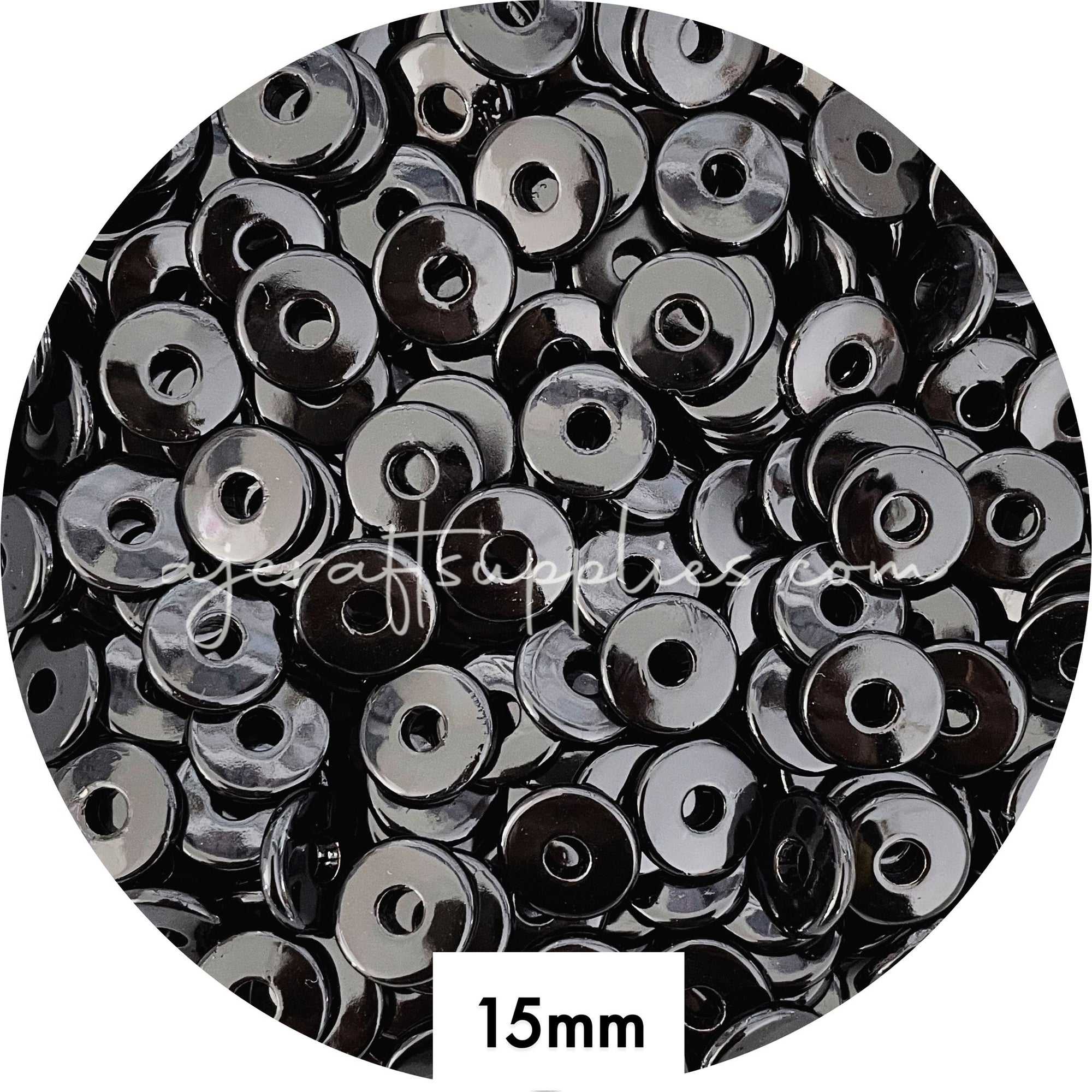15mm Flat Coin Acrylic Spacer Beads (with Large Hole) - Shiny Black - 5 Beads