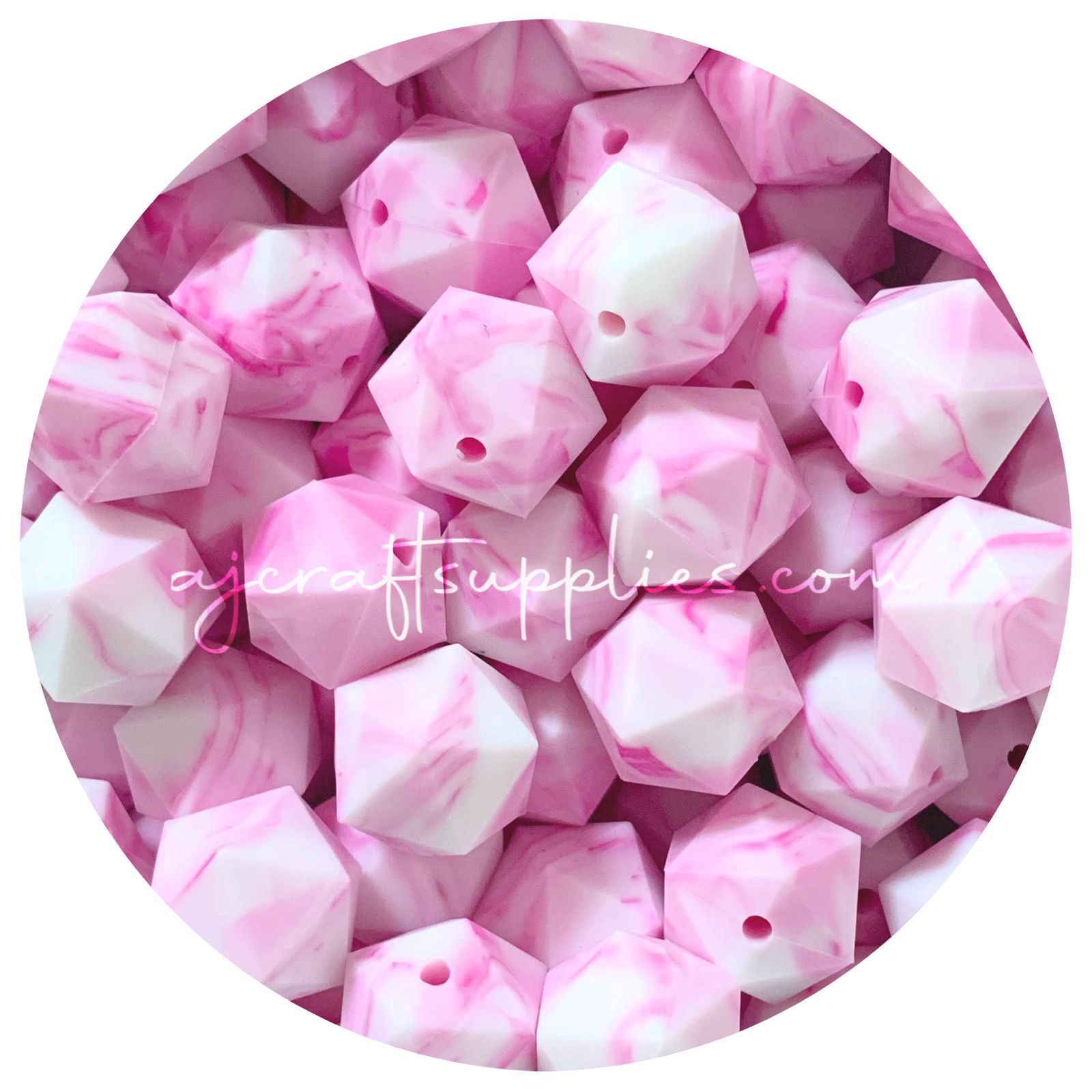 *CLEARANCE* Strawberry Pink Marble - 17mm Icosahedron - 20 Beads