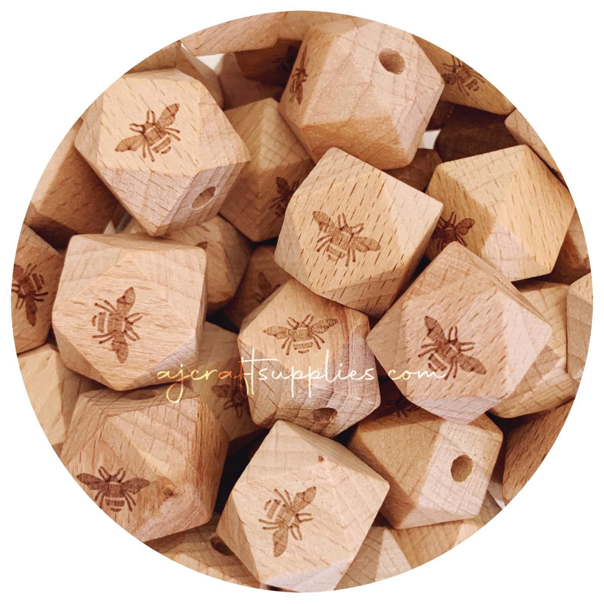 Beech Wood Engraved Beads (Bee) - 18mm Hexagon - 5 beads