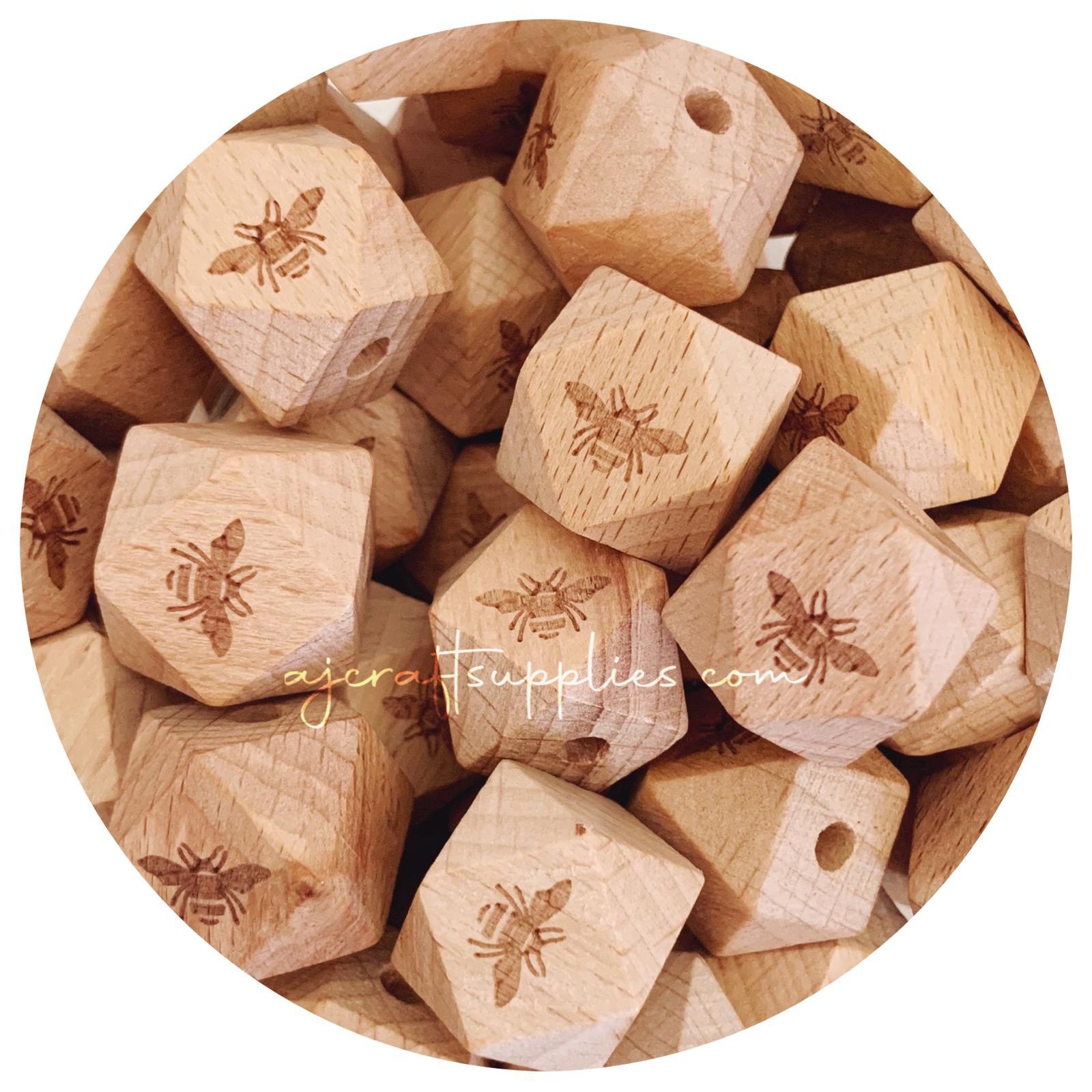 Beech Wood Engraved Beads (Bee) - 18mm Hexagon - 5 beads
