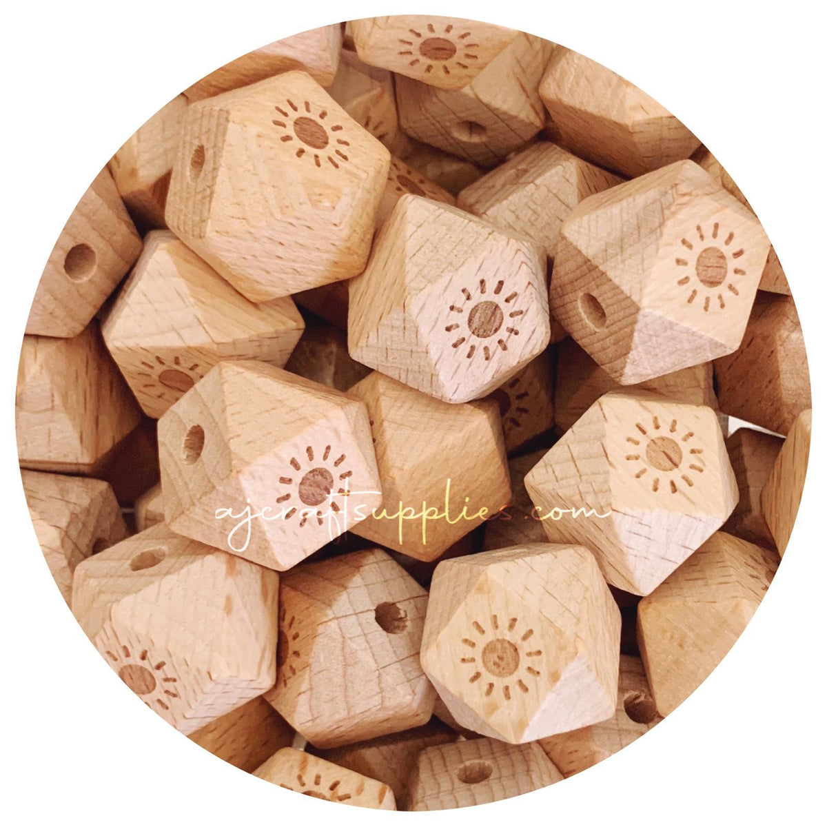 Beech Wood Engraved Beads (SUNSHINE) - CHOOSE A SIZE - 5 beads