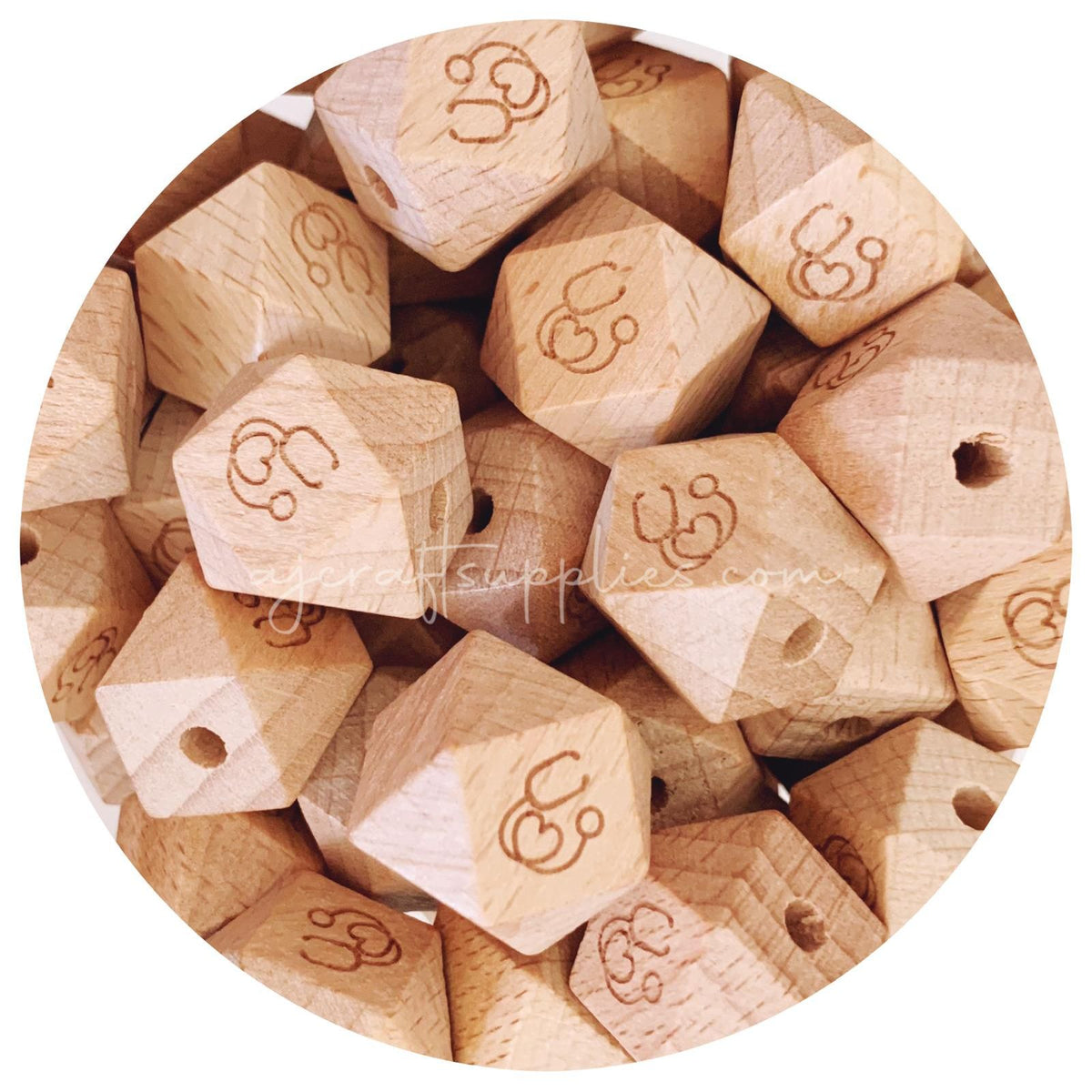Beech Wood Engraved Beads (Stethoscope) - 18mm Hexagon - 5 beads
