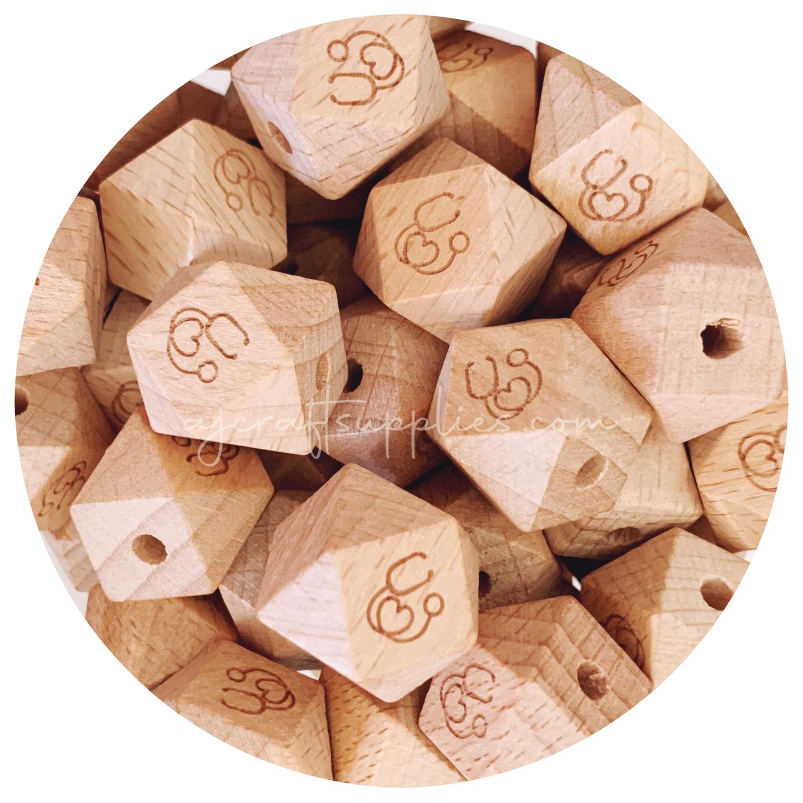 Beech Wood Engraved Beads (Stethoscope) - 18mm Hexagon - 5 beads