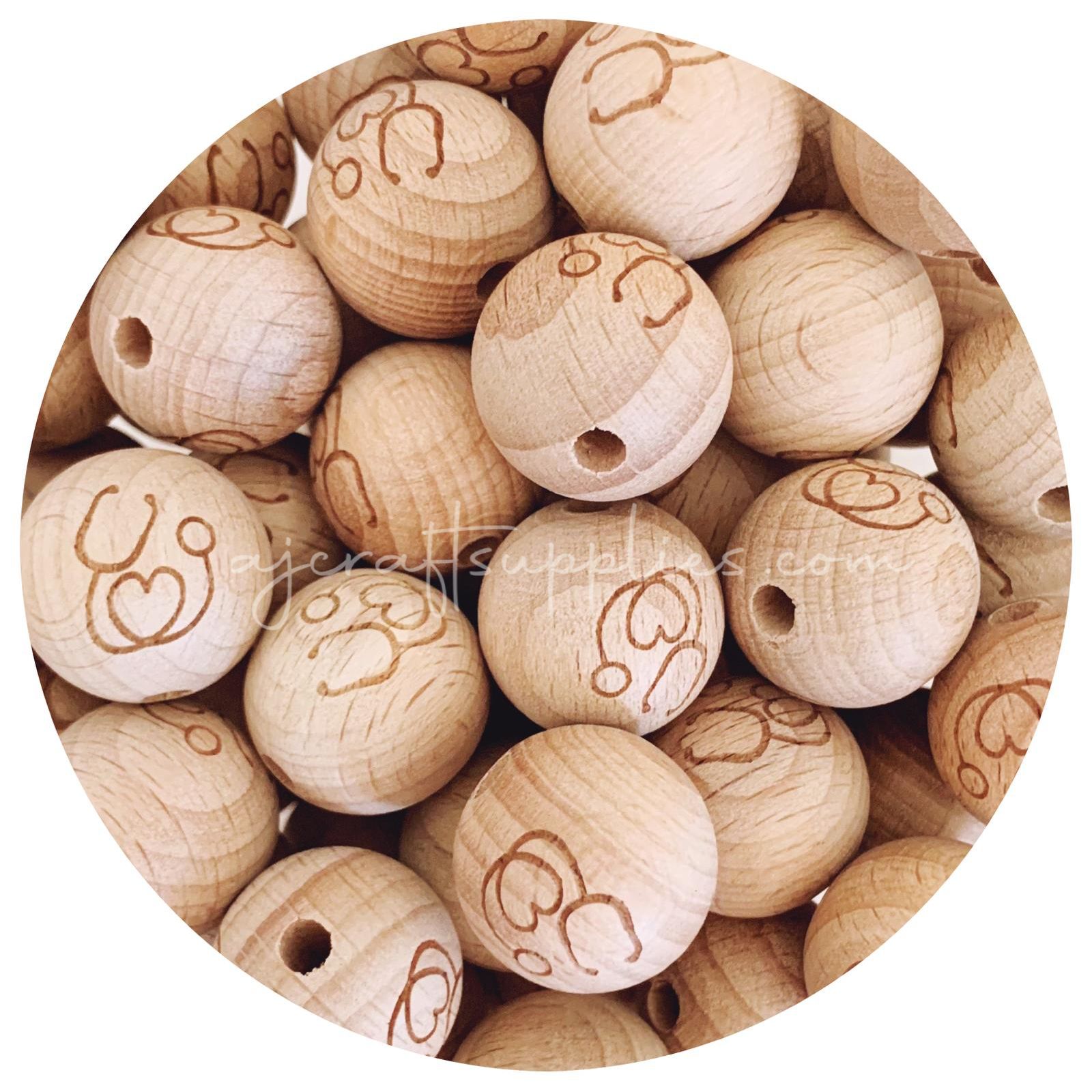 Beech Wood Engraved Beads (Stethoscope) - 20mm Round - 5 beads