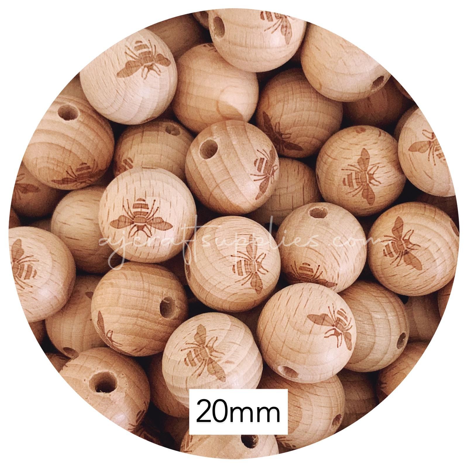 Beech Wood Engraved Beads (Bee) - 20mm Round - 5 beads