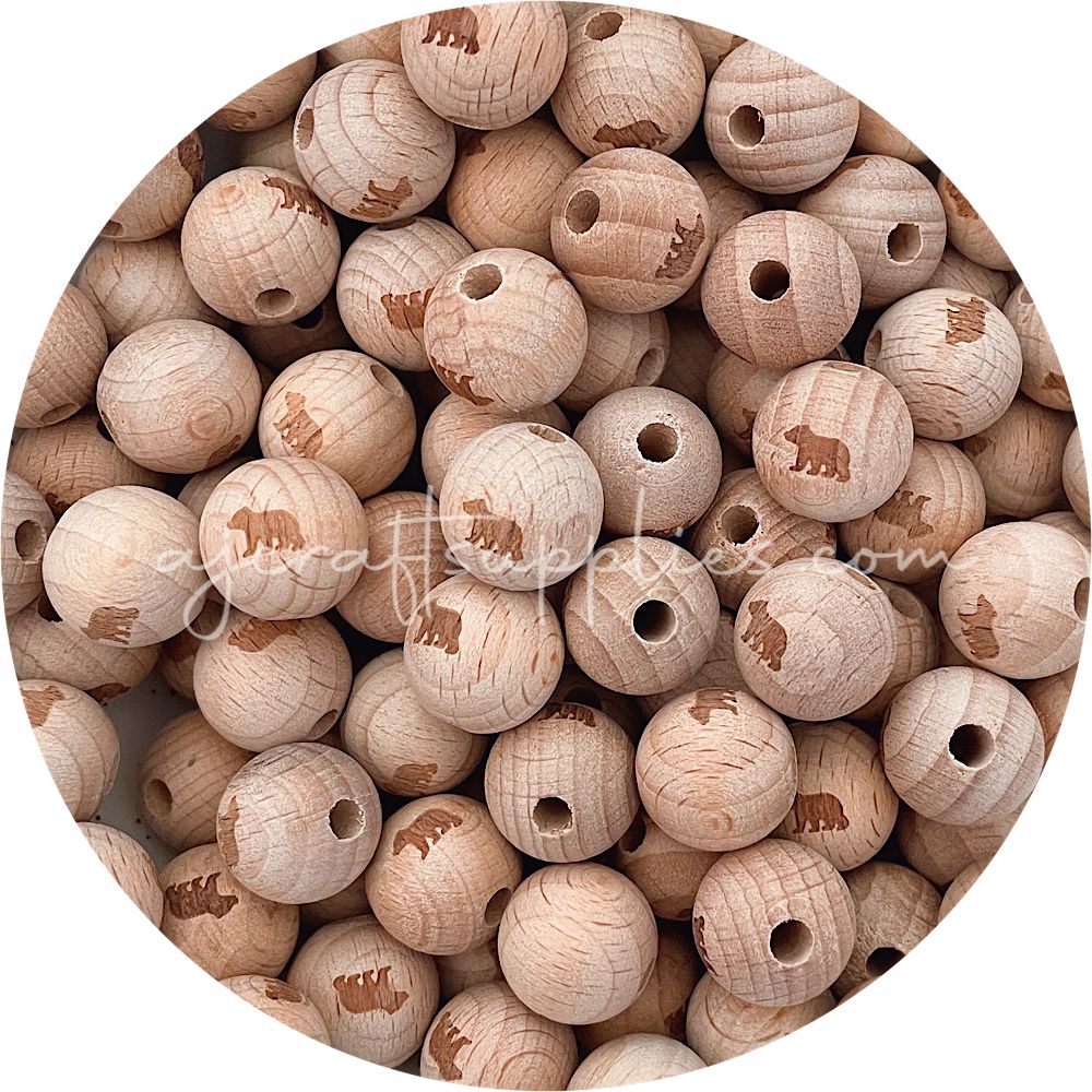 *CLEARANCE* Beech Wood Engraved Beads (Baby Bear) - 16mm Round - 5 beads