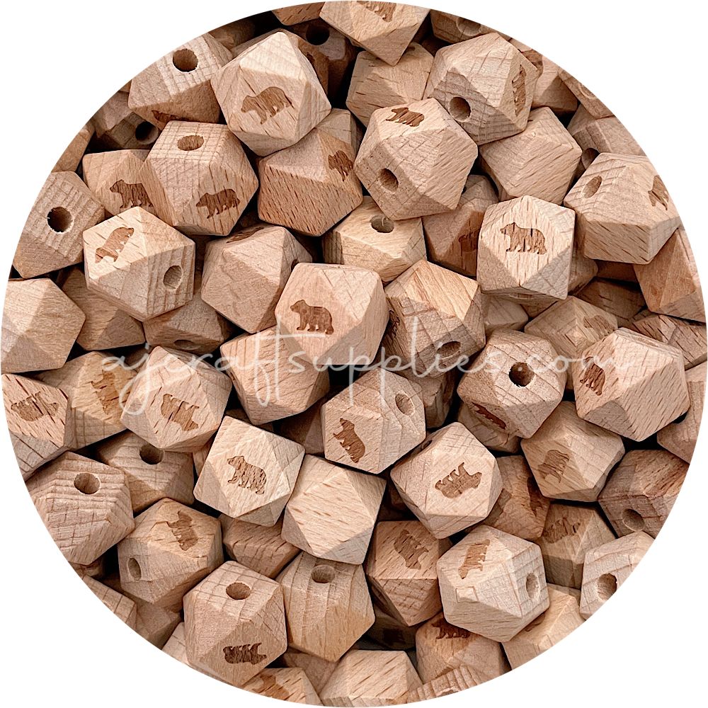 *CLEARANCE* Beech Wood Engraved Beads (Baby Bear) - 14mm Hexagon - 5 beads