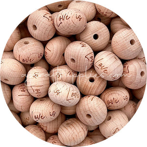 Beech Wood Engraved Beads (Love is Love) - 22mm abacus - 5 Beads