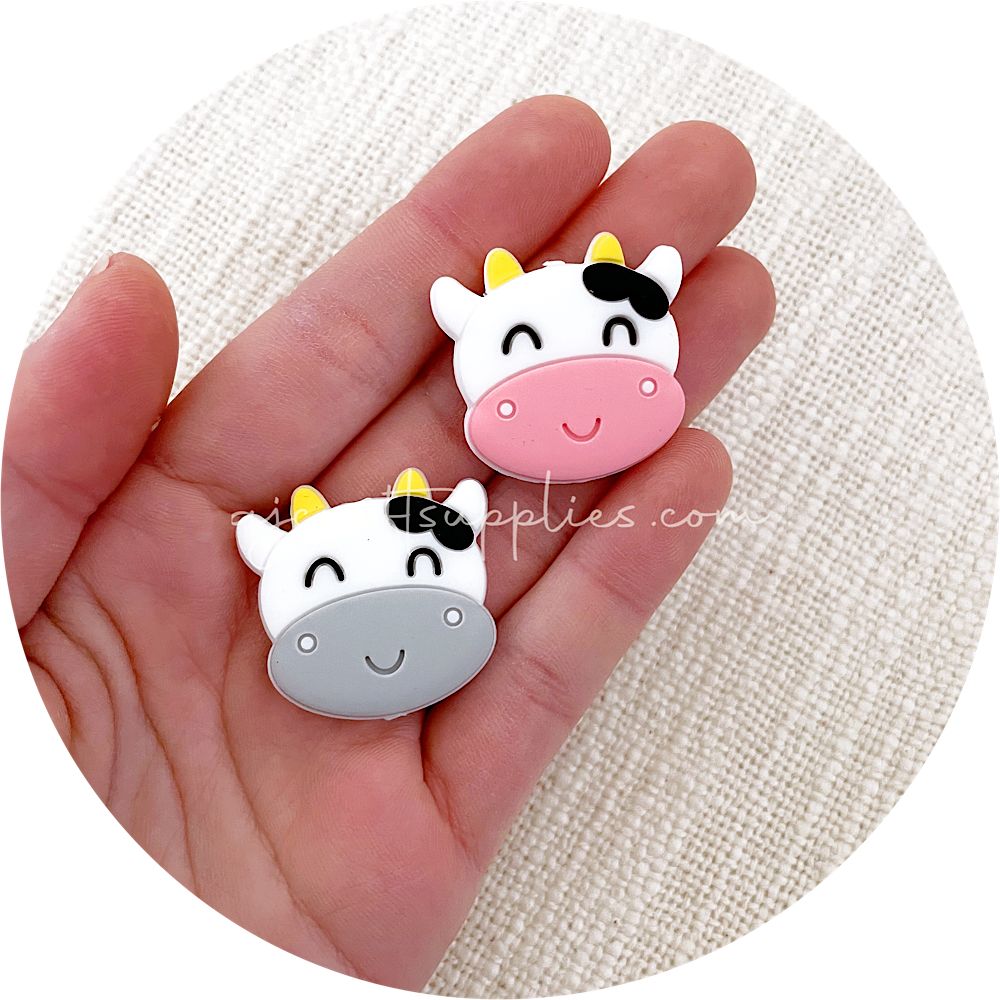 Snow White/Pink - Cow Head Silicone Beads - 2 Beads