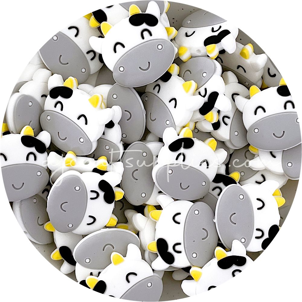 Snow White/Grey - Cow Head Silicone Beads - 2 Beads