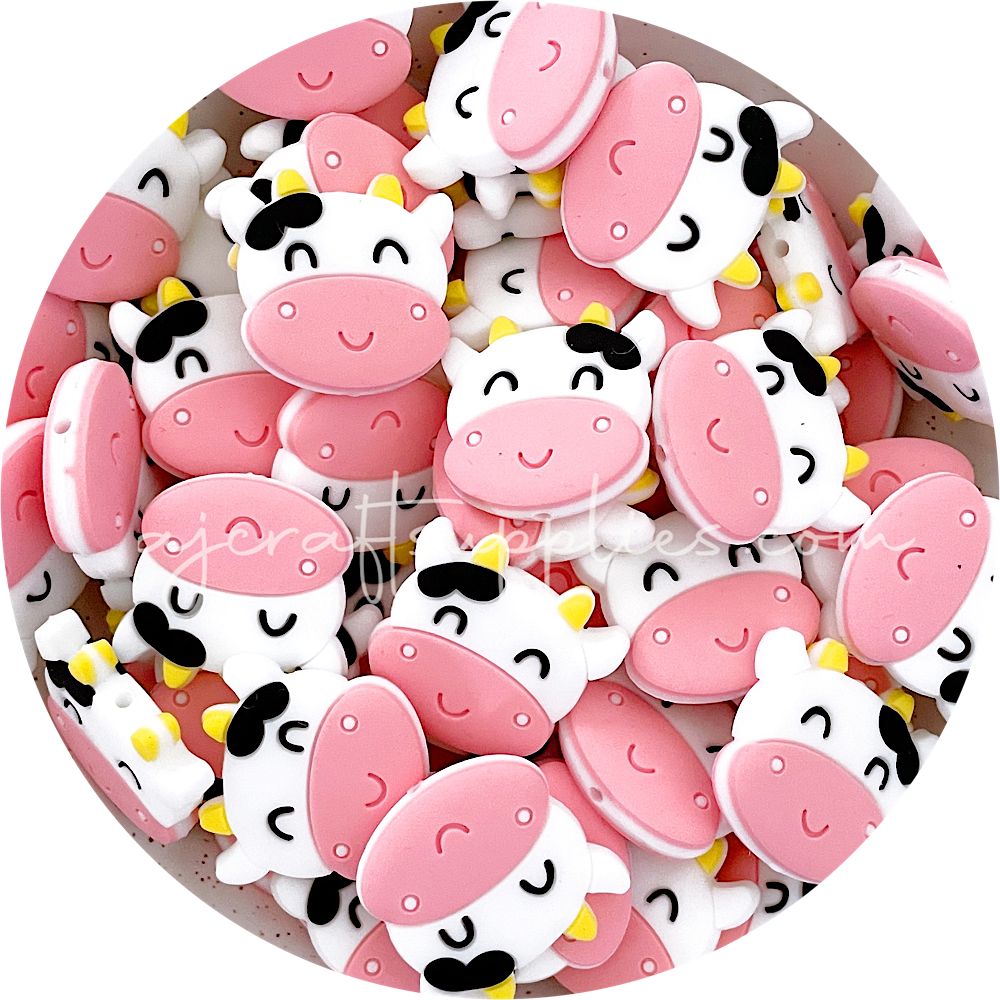 Snow White/Pink - Cow Head Silicone Beads - 2 Beads