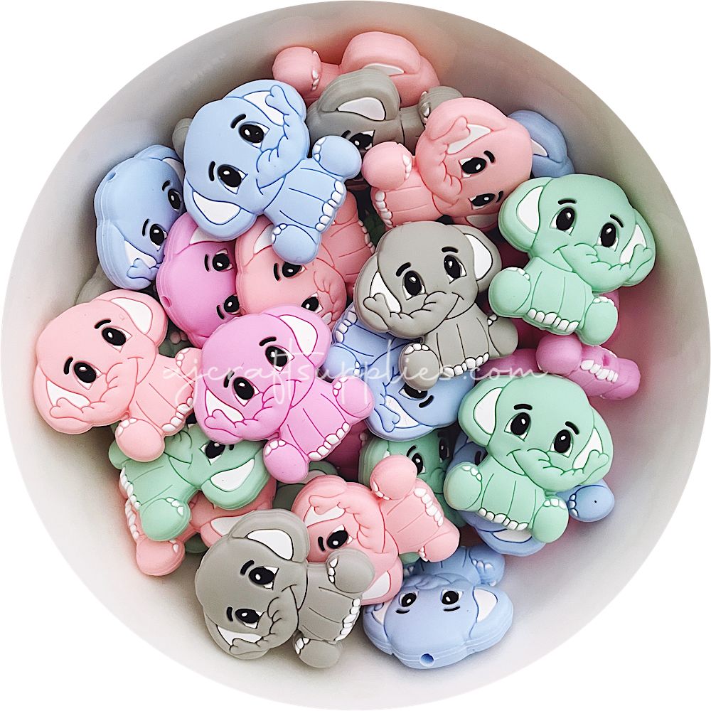 Happy Elephant Silicone Beads - CHOOSE YOUR COLOUR - 2 beads