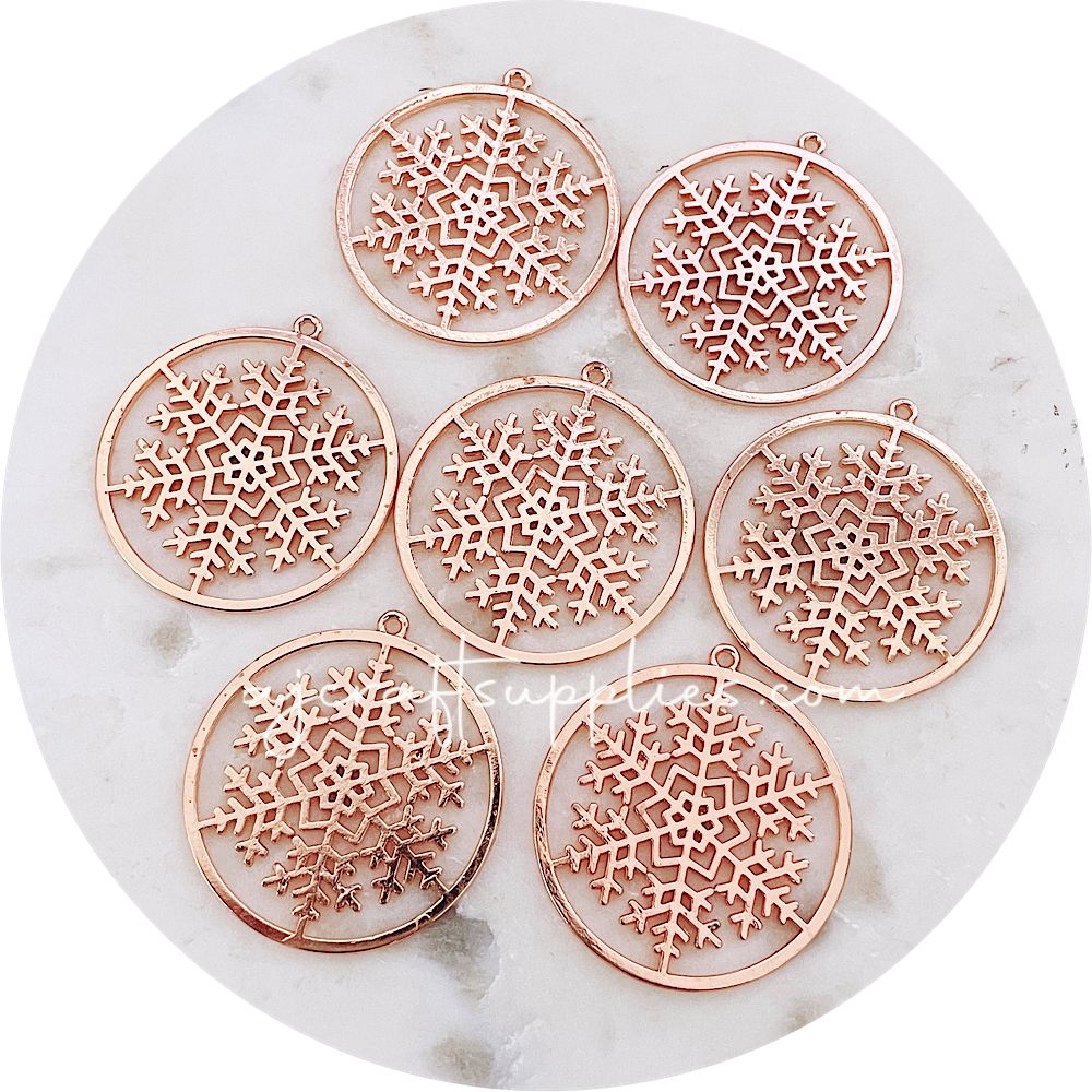 35mm Snowflake Round Charm - Rose Gold - 2 pcs