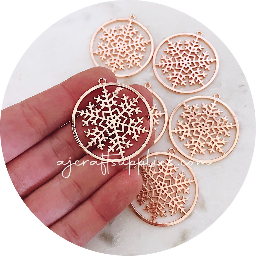 35mm Snowflake Round Charm - Rose Gold - 2 pcs
