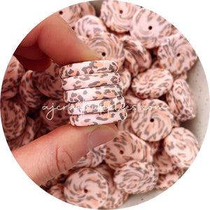 Peachy Pink Leopard - 25mm Flat Coin Silicone Beads - 5 beads