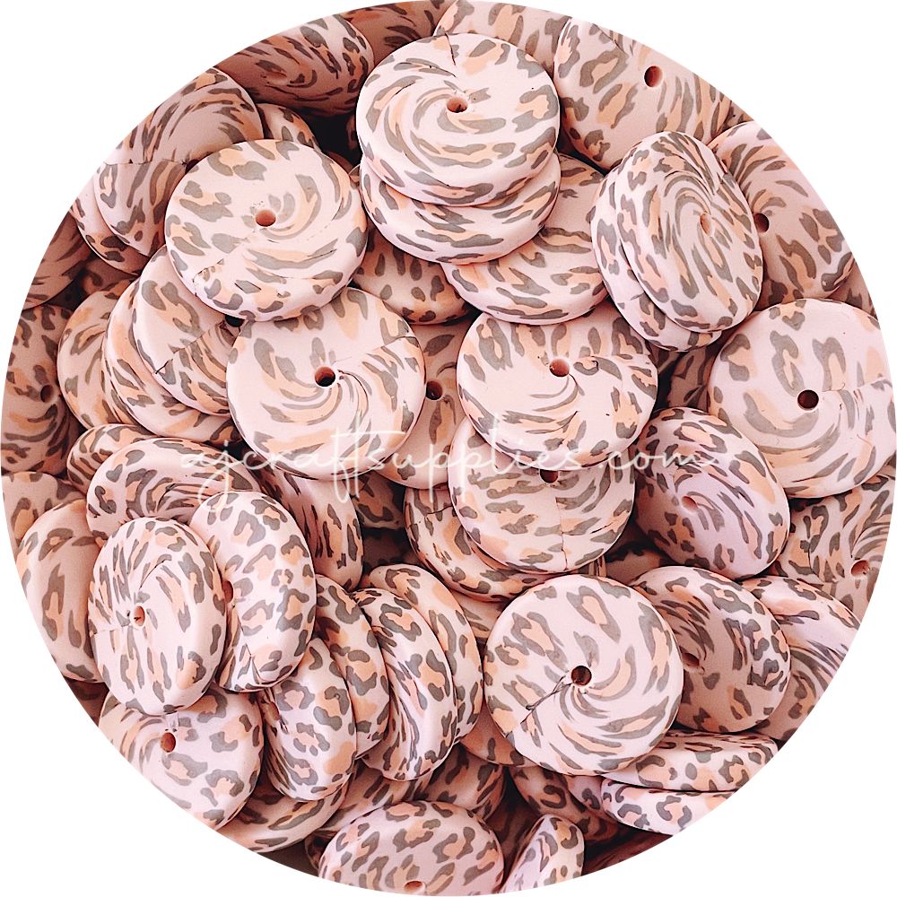 Peachy Pink Leopard - 25mm Flat Coin Silicone Beads - 5 beads