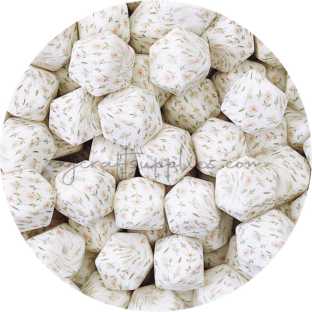 Daisy Print - 17mm hexagon Silicone Beads - 10 Beads