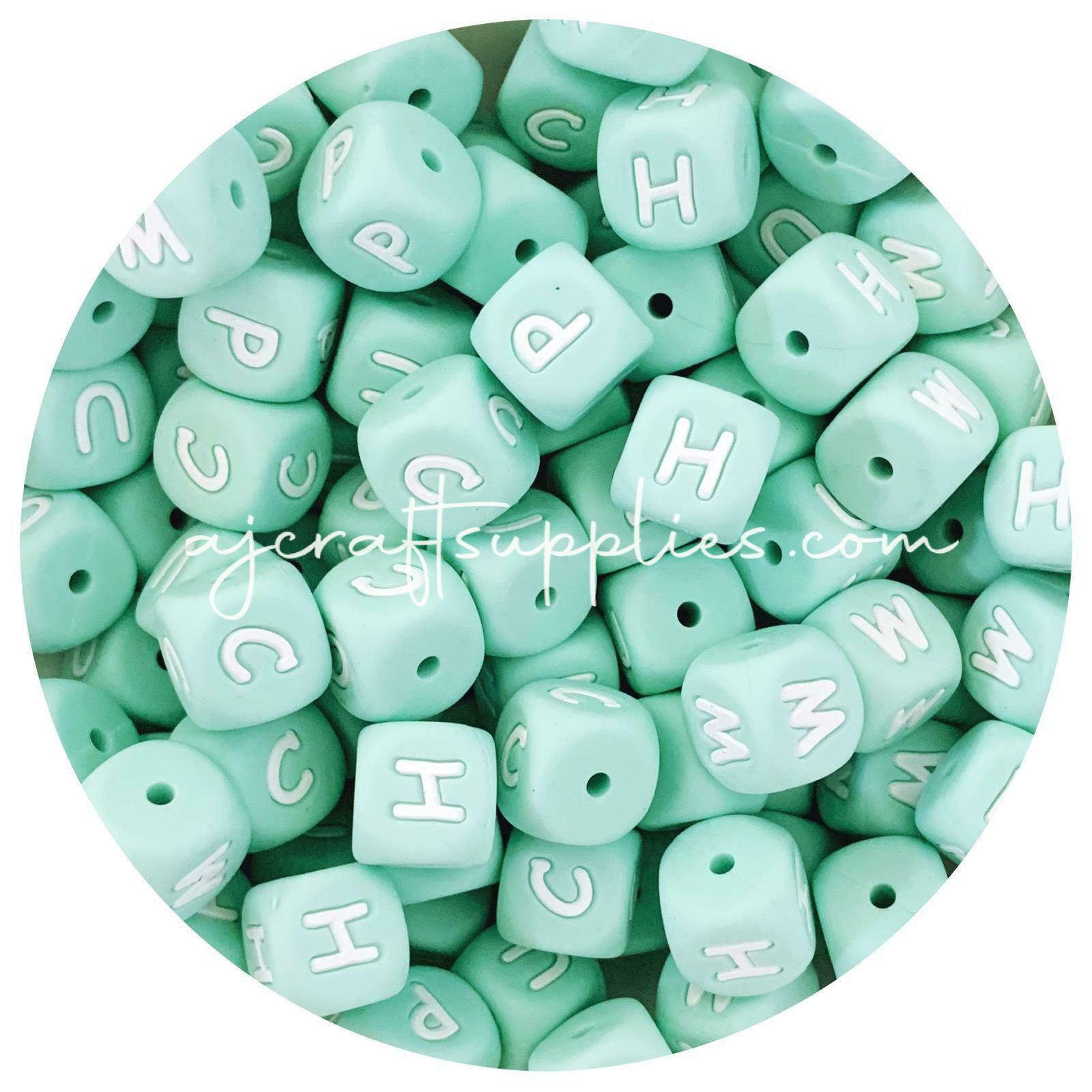 12mm Mint Green Silicone Letter Beads MIXED PACK - 50 beads