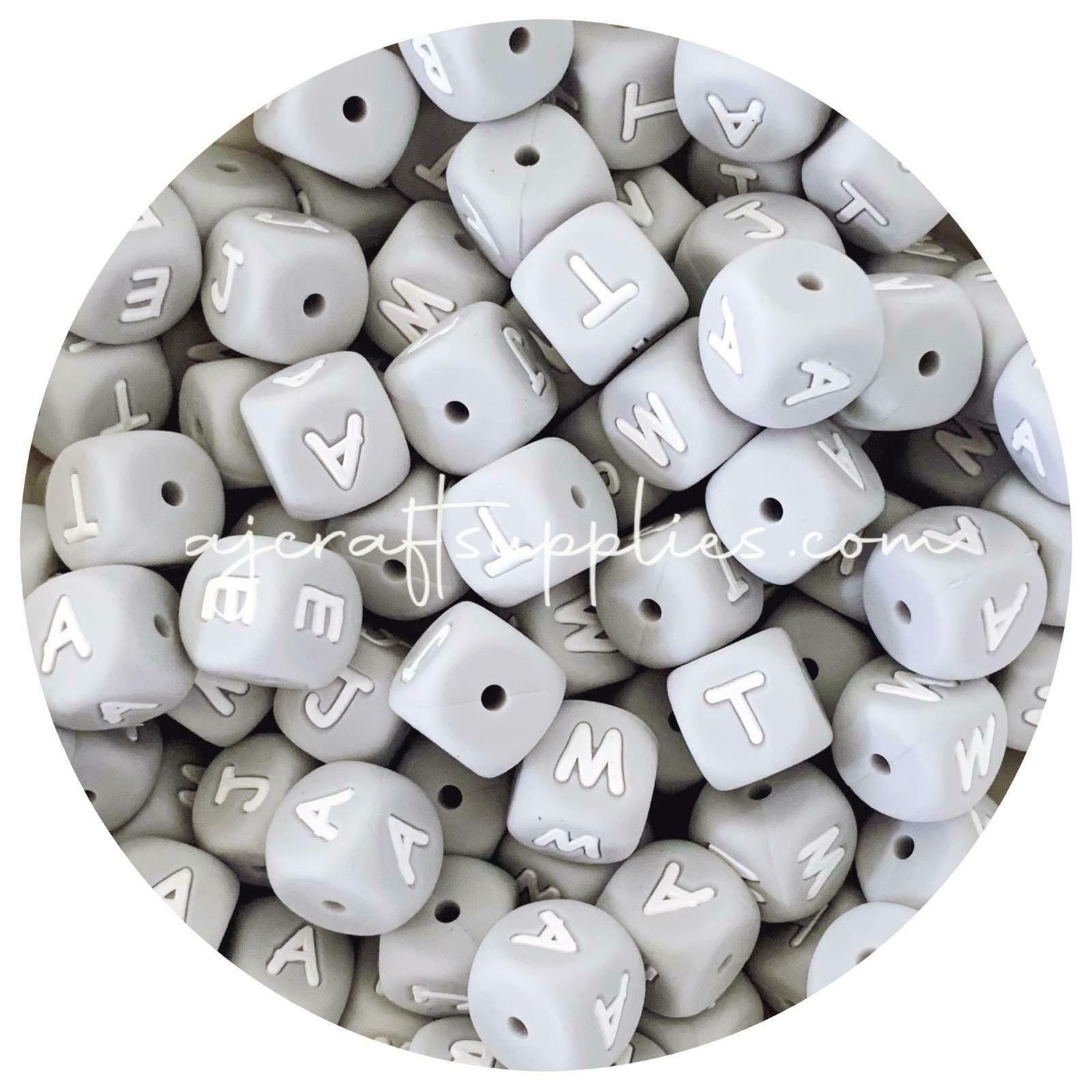12mm Light Grey Silicone Letter Beads MIXED PACK - 50 beads