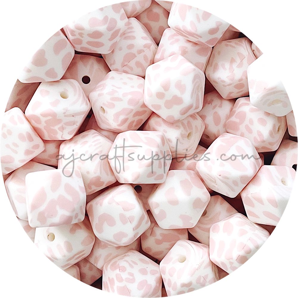 Blush Cow Print - 17mm hexagon Silicone Beads - 10 Beads