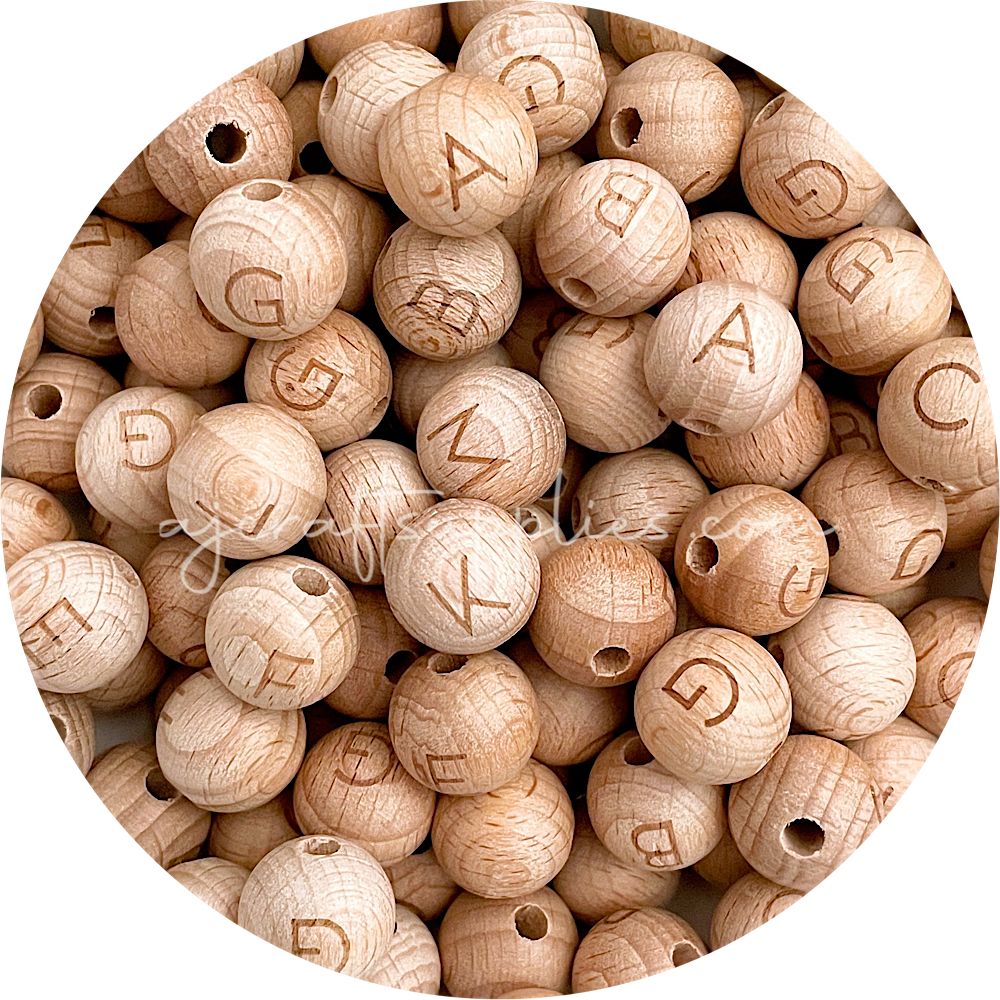 15mm round Beech Wooden Letter Beads MIXED PACK - 50 beads