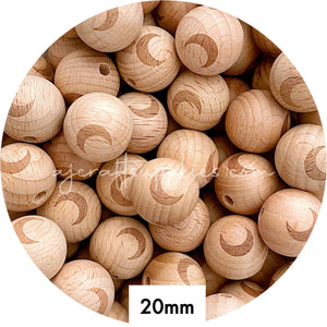 Beech Wood Engraved Beads (CRESCENT MOON) - CHOOSE A SIZE - 5 beads