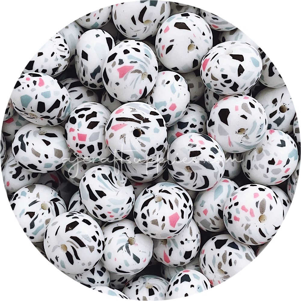 White Terrazzo - 22mm abacus Silicone Beads - 5 Beads