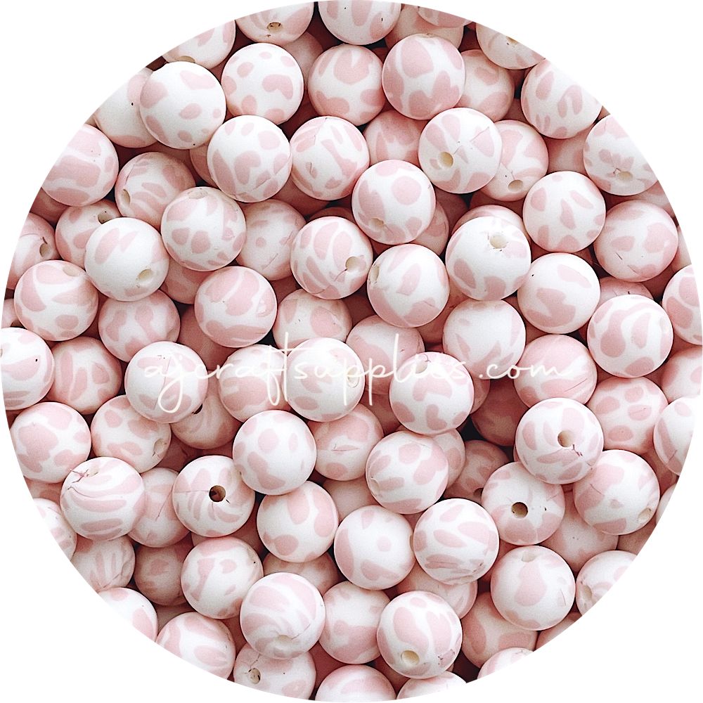 Blush Cow Print - 12mm Round Silicone Beads - 10 beads