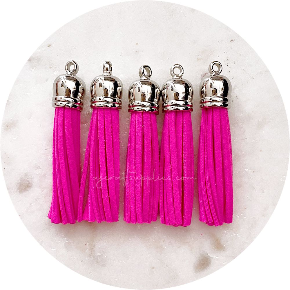 55mm Suede Tassels Silver Cap - Rose Pink - Each