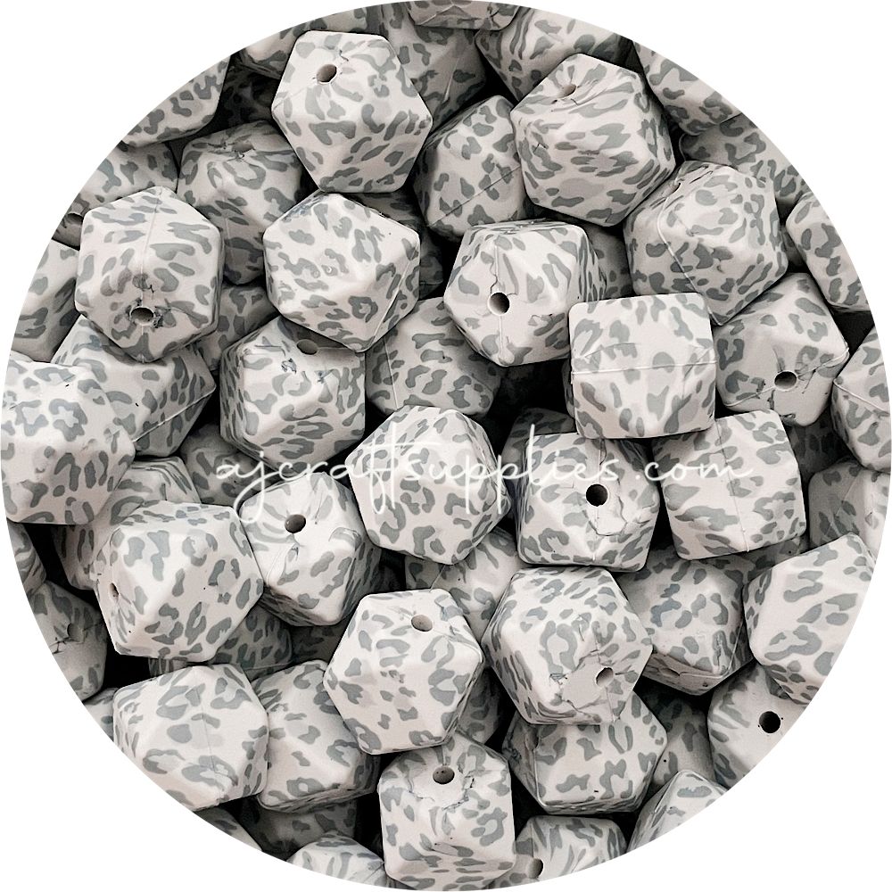 Grey Leopard - 17mm hexagon - 10 Beads