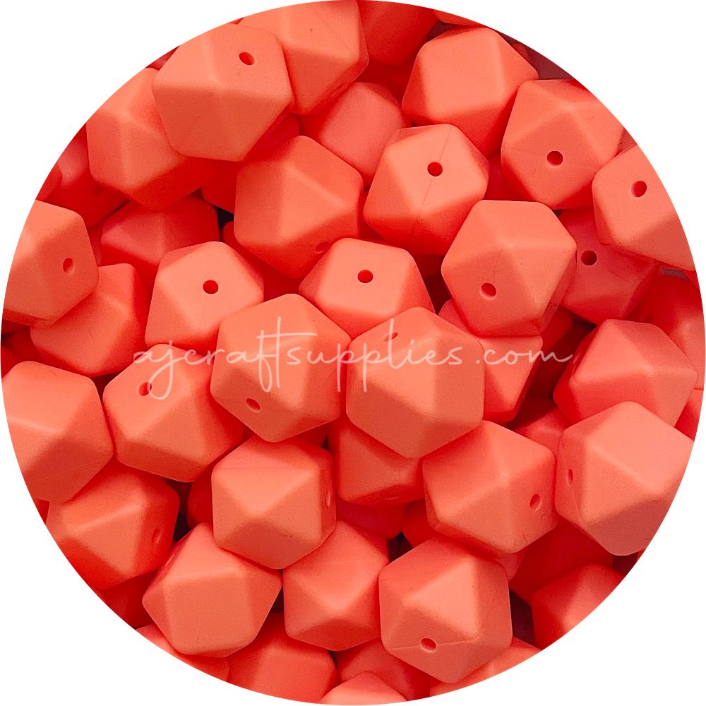 Bright Coral - 17mm Hexagon Silicone Beads - 10 Beads