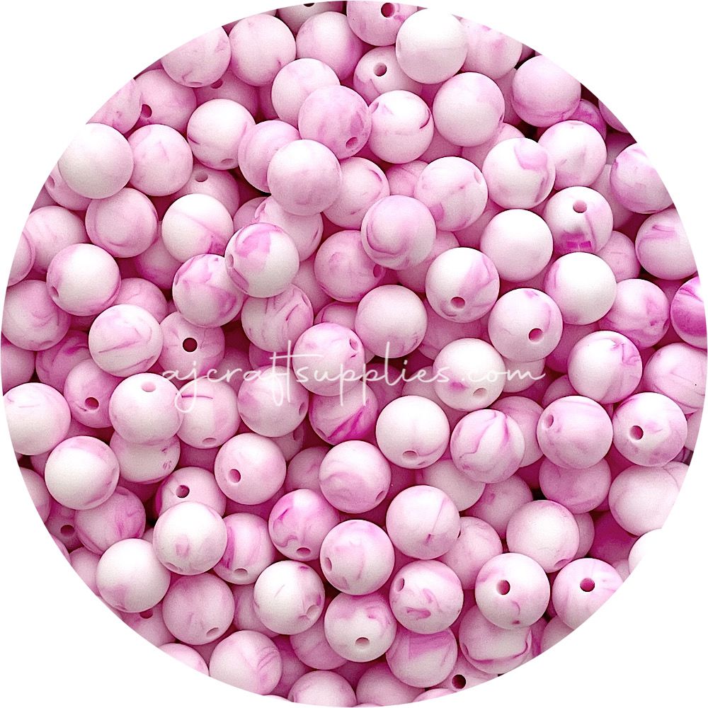 Strawberry Pink Marble - 12mm Round Silicone Beads - 10 beads