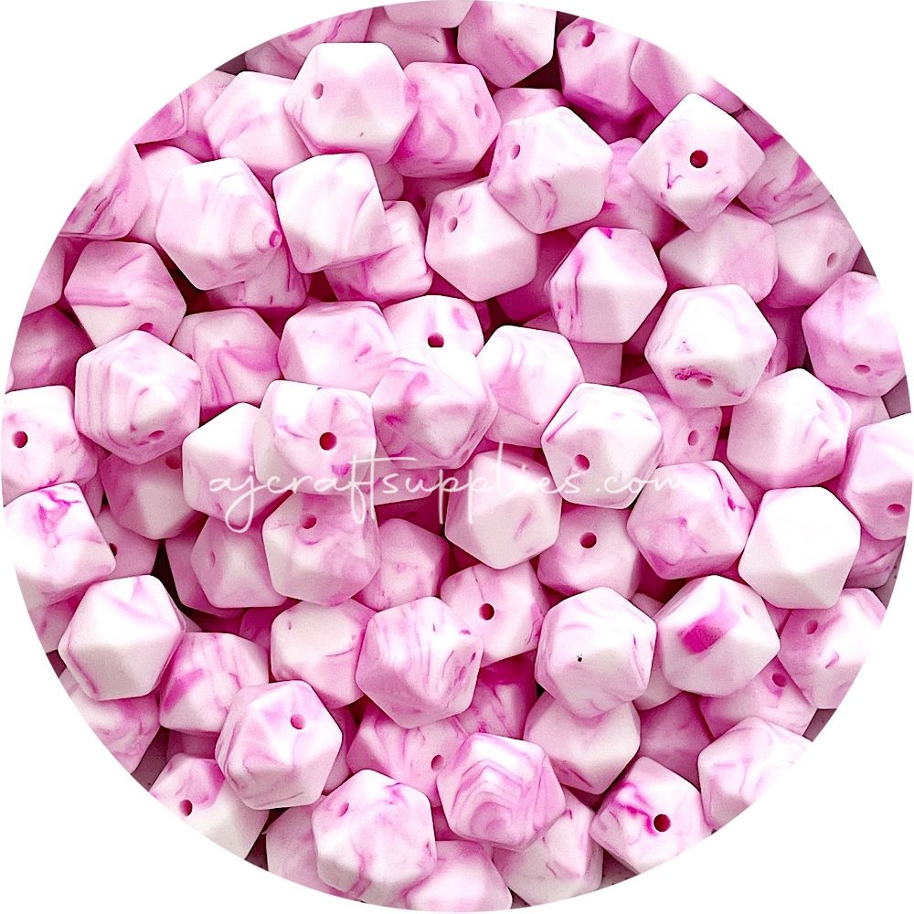 Strawberry Pink Marble - 14mm Mini Hexagon - 5 beads