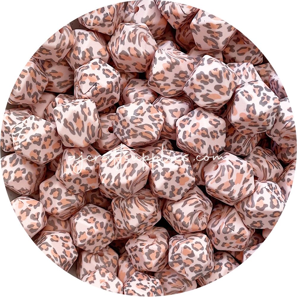 Peachy Pink Leopard - 17mm hexagon - 10 Beads