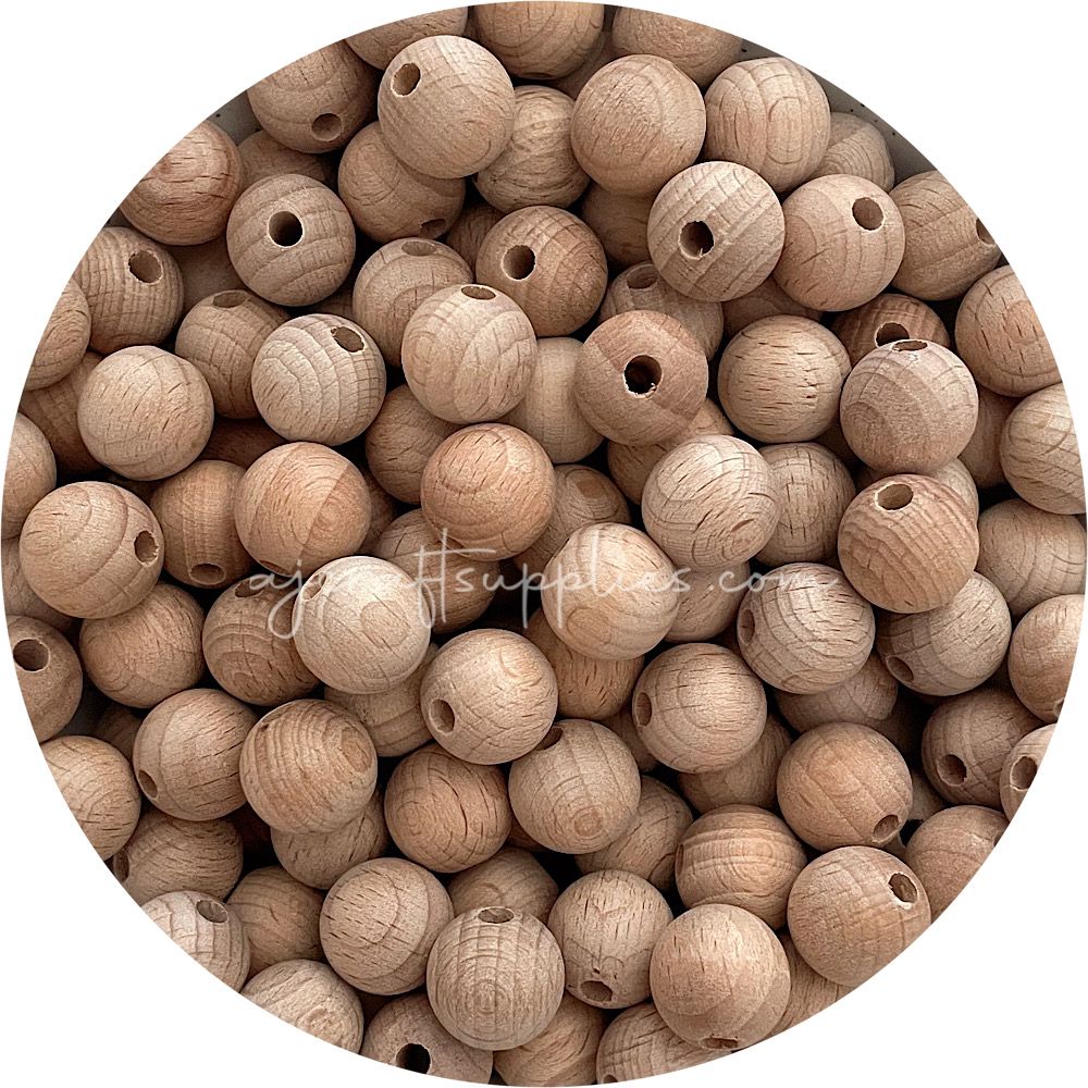 Beech Wood Beads - 15mm Round - 5 Beads