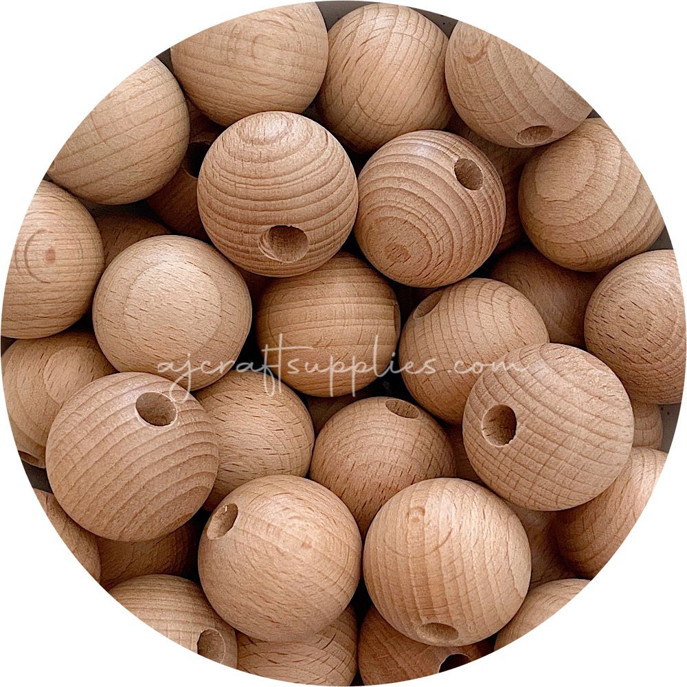 Large Hole Natural Wood Beads - 20mm Round - 5 Beads - AJ Craft Supplies