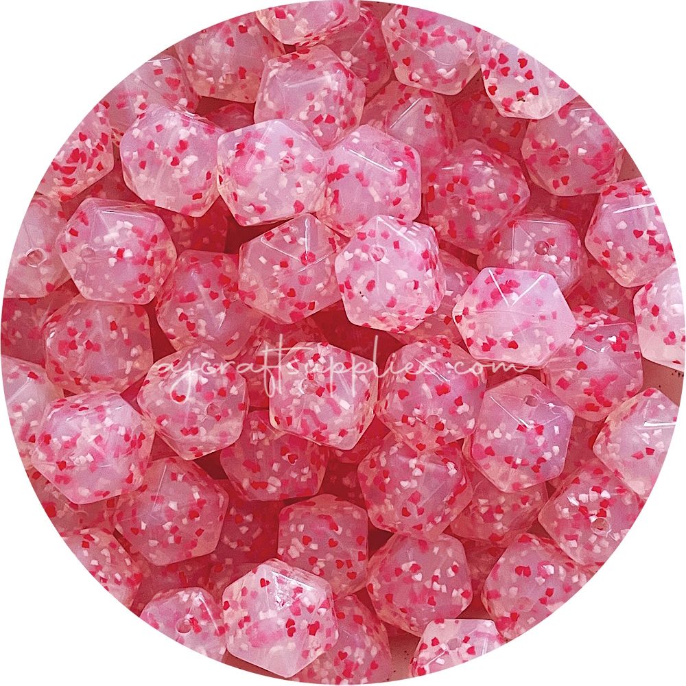 Love Hearts Speckled Clear - 17mm Hexagon - 5 Beads (LIMITED EDITION)