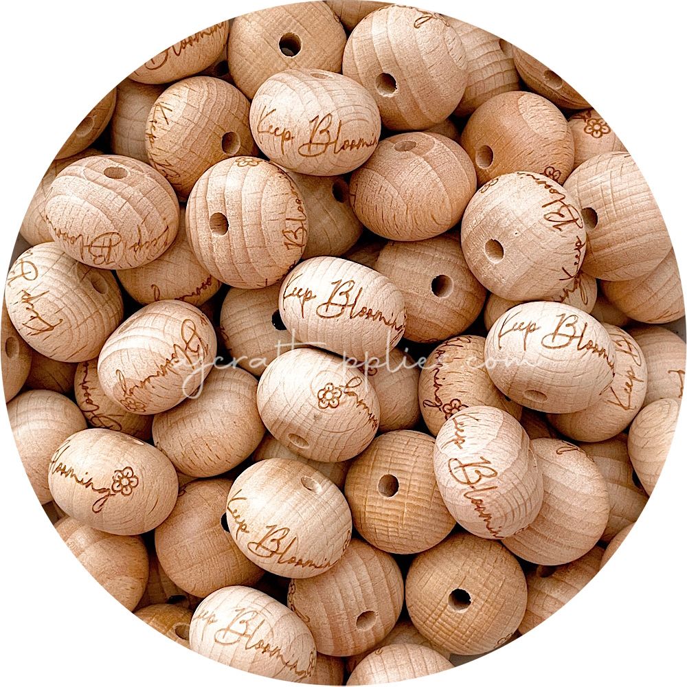 Beech Wood Engraved Beads (Keep Blooming) - 22mm abacus - 5 Beads