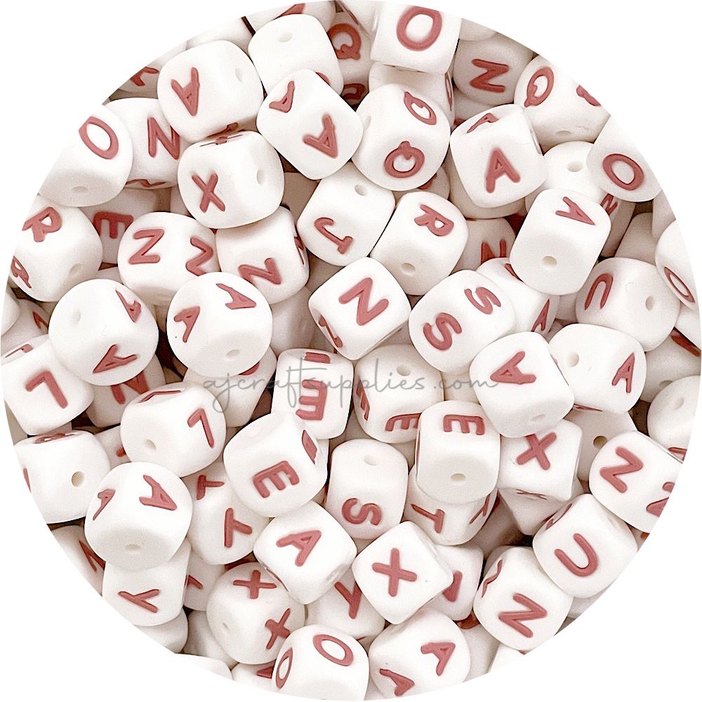 12mm Dusty Rose/White Silicone Letter Beads MIXED Pack - 50 beads