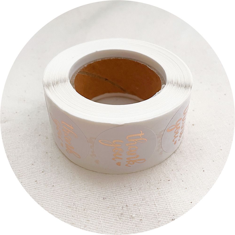 2.5cm Thank You Stickers - Rose Gold Foil / White -  1 roll (500 stickers)