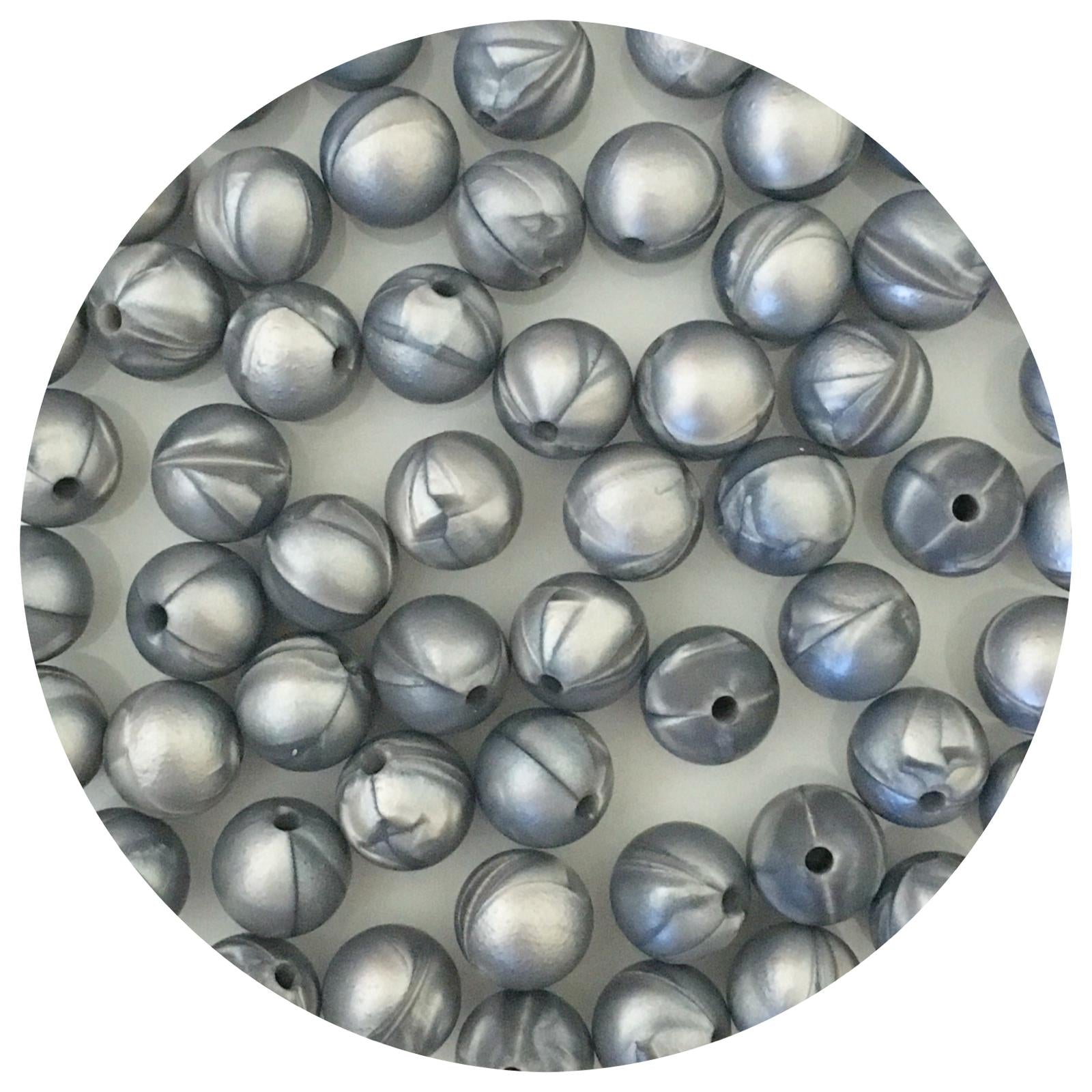 Metallic Silver - 12mm Round Silicone Beads - 10 beads
